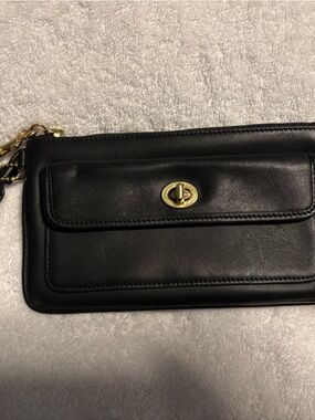 Coach Black Leather Turnlock Wristlet with Gold Hardware